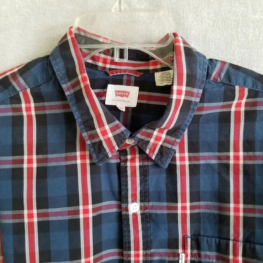 Levi's Men's Button Up Shirt 2XL Red Plaid Modern Fit Pocket Long Sleeve Check‎
